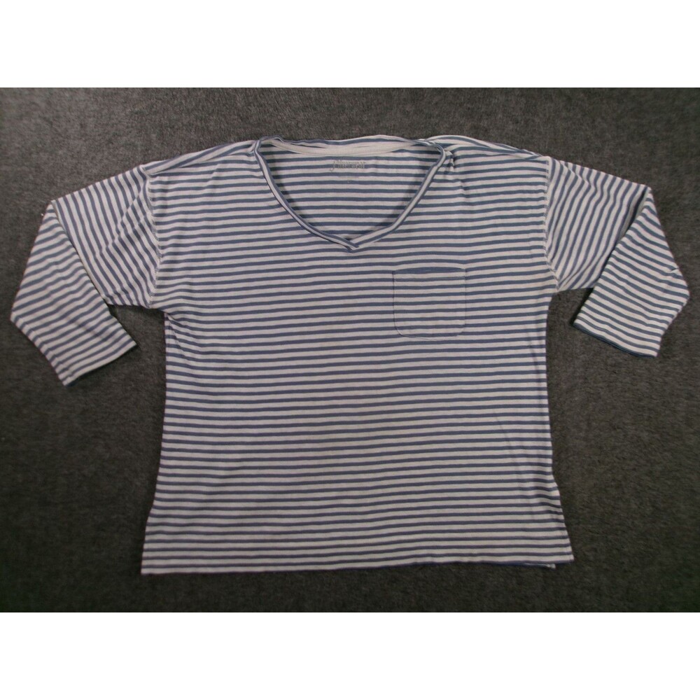 Silverwear Top Womens L Striped V Neck Blue White Pocket Knit Shirt Cotton Blend